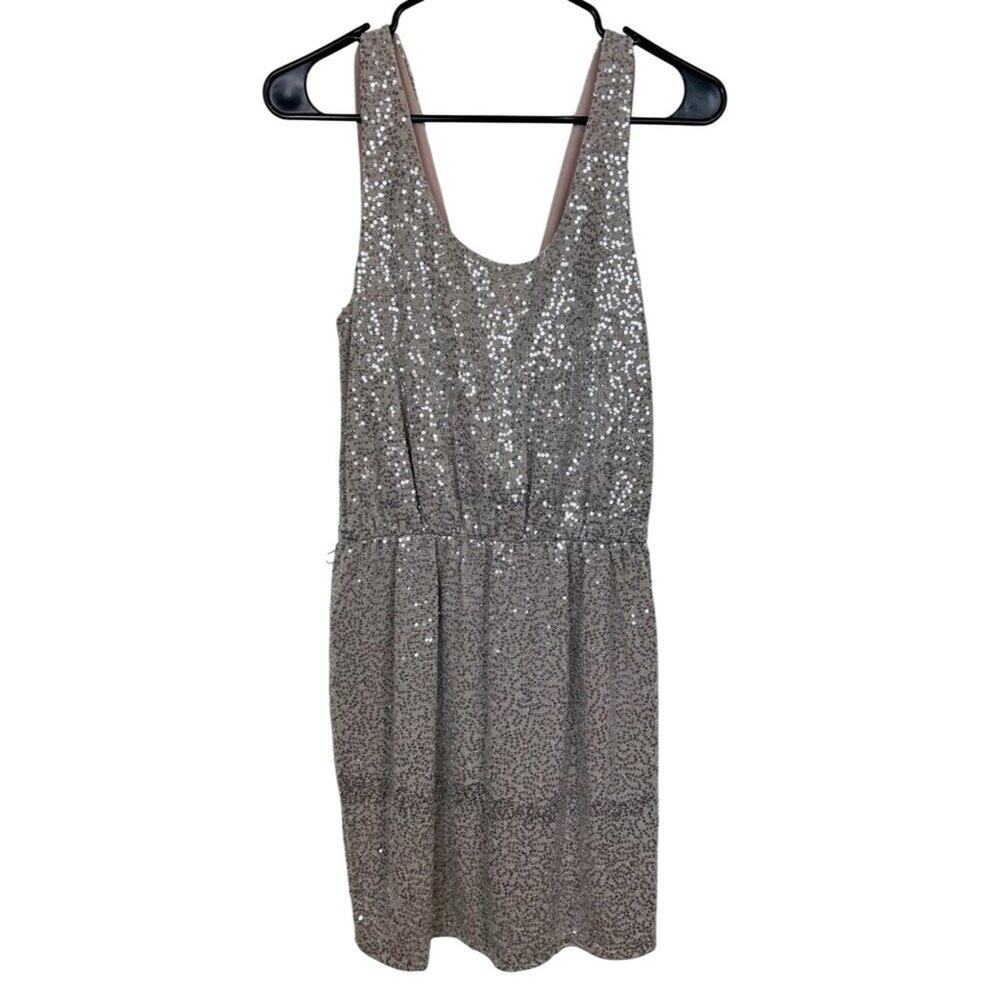 Express Silver Sequin Sleeveless Dress With Deep V-Back & Elastic Waist, Medium